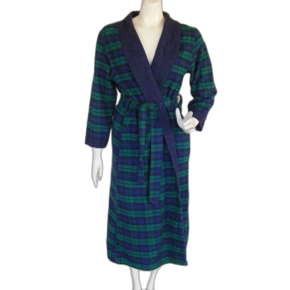 Vintage Robe, S Blue & Green plaid flannel, Long sleeves, sash belt, Pockets